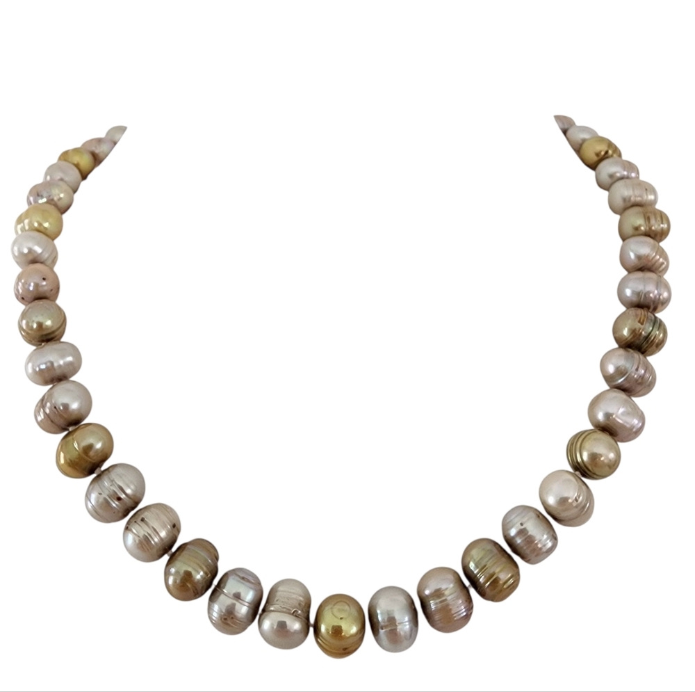 Vintage pearl necklace 925 sterling silver ringed pearls pale green  A0006 -Q5
